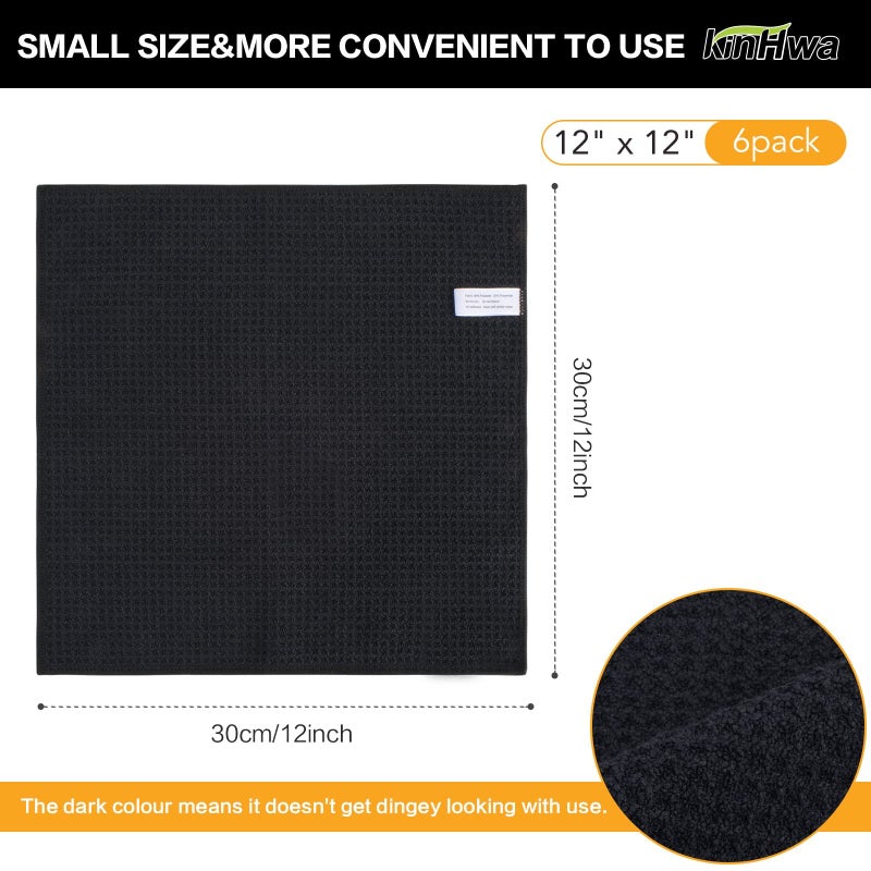 KinHwa Microfiber 6 Pack Dish Cloths Thick Waffle Weave Kitchen Dish Drying Towel Rags Super Absorbent Kitchen Tea Towels Sets 12inch x 12inch Black - Image 3